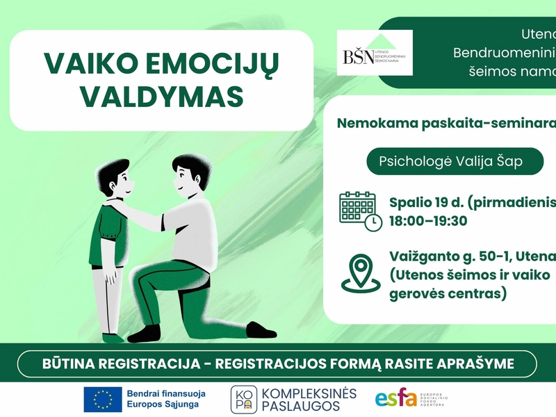 Paskaita-seminaras: „Vaiko emocijų valdymas”